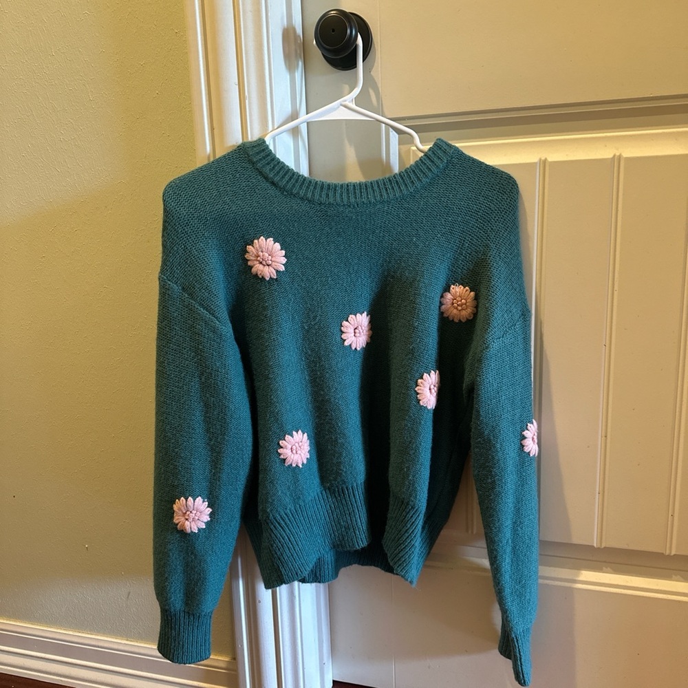 Teal Sweater with Pink Floral Accents
